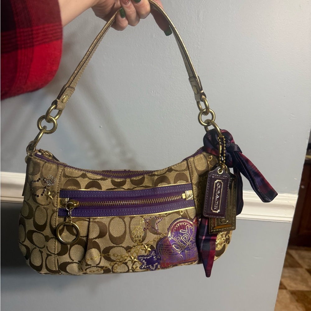 Coach Poppy Tartan Appliqué Groovy Shoulder Bag Brown Purple - Picture 12 of 17